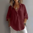 thumbnail image 2 of ClodeEU Women's V Neck 3/4 Sleeve Linen Blend Blouse,Casual Loose Fit Half Button Shirt Wine,Women's Plus XXL, 2 of 9