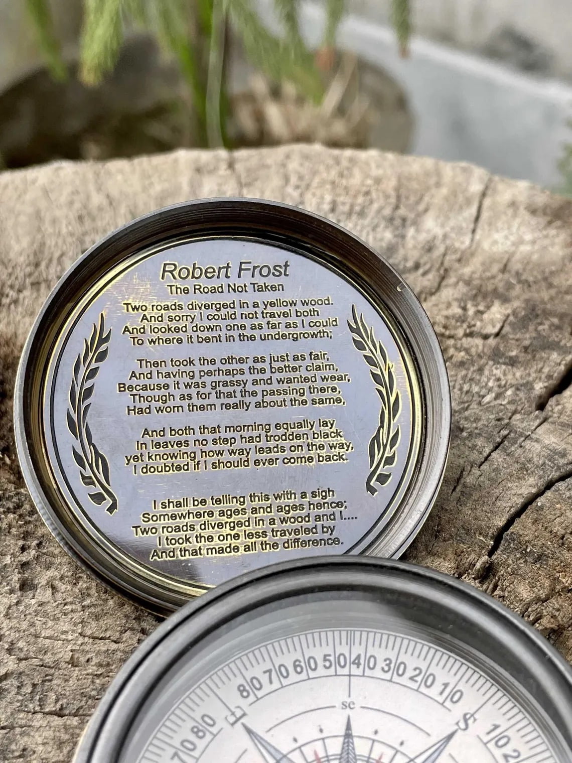 Robert Frost Engraved Compass - "The Road Not Taken" Brass Pocket Compass - Graduation, Traveler & Anniversary Gift