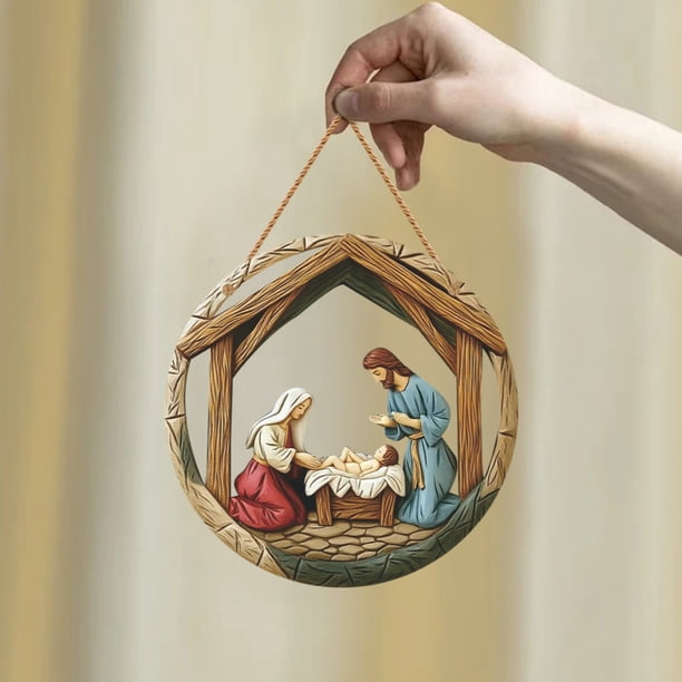 Xihbxyly Adornos de Belén, Juego de 7, Decoración Religiosa, Artesanía Intrincada, Establos Rústicos de Madera, Exhibición Navideña, Versátil para Colgar o Colocar Sobre La Mesa, Construcción Durader