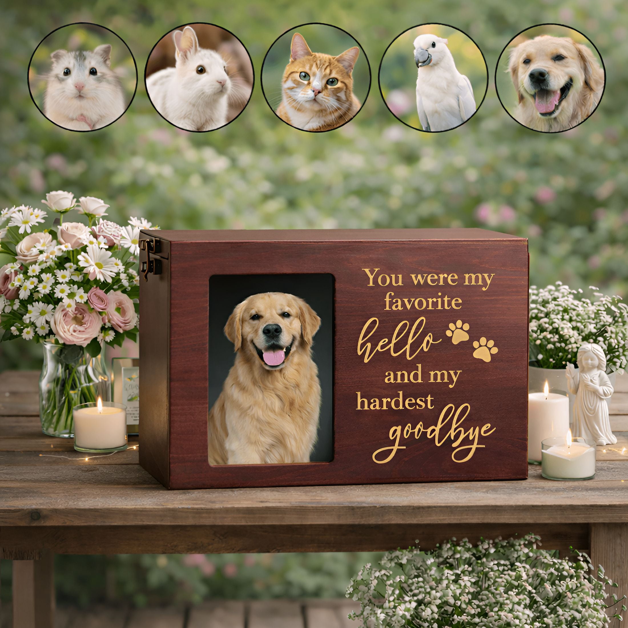 XIBUFE Pet Memorial Urn,Large Wooden Cremation Urn with Photo Frame,Keepsake Memory Box for Dog and Cat Ashes,Black Flannel Lining