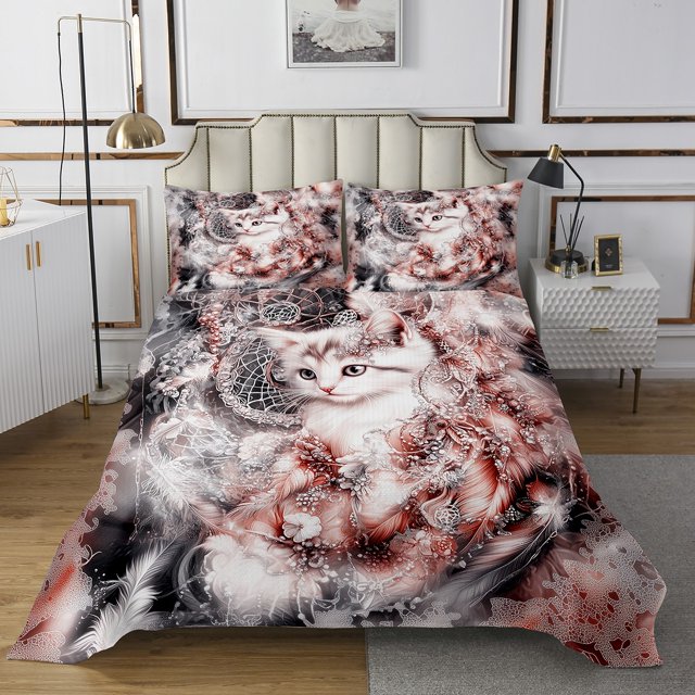 Erosebridal Ensemble de Courtepointe Kawaii Chat Format Simple, Ensemble de Couvre-Lit Attrape-Rêves Chaton Mignon pour Enfants Garçons Filles, Ensemble de Dessus-de-Lit Attrape-Rêves Boho Ensemble de Literie Animal Plumes Tribal