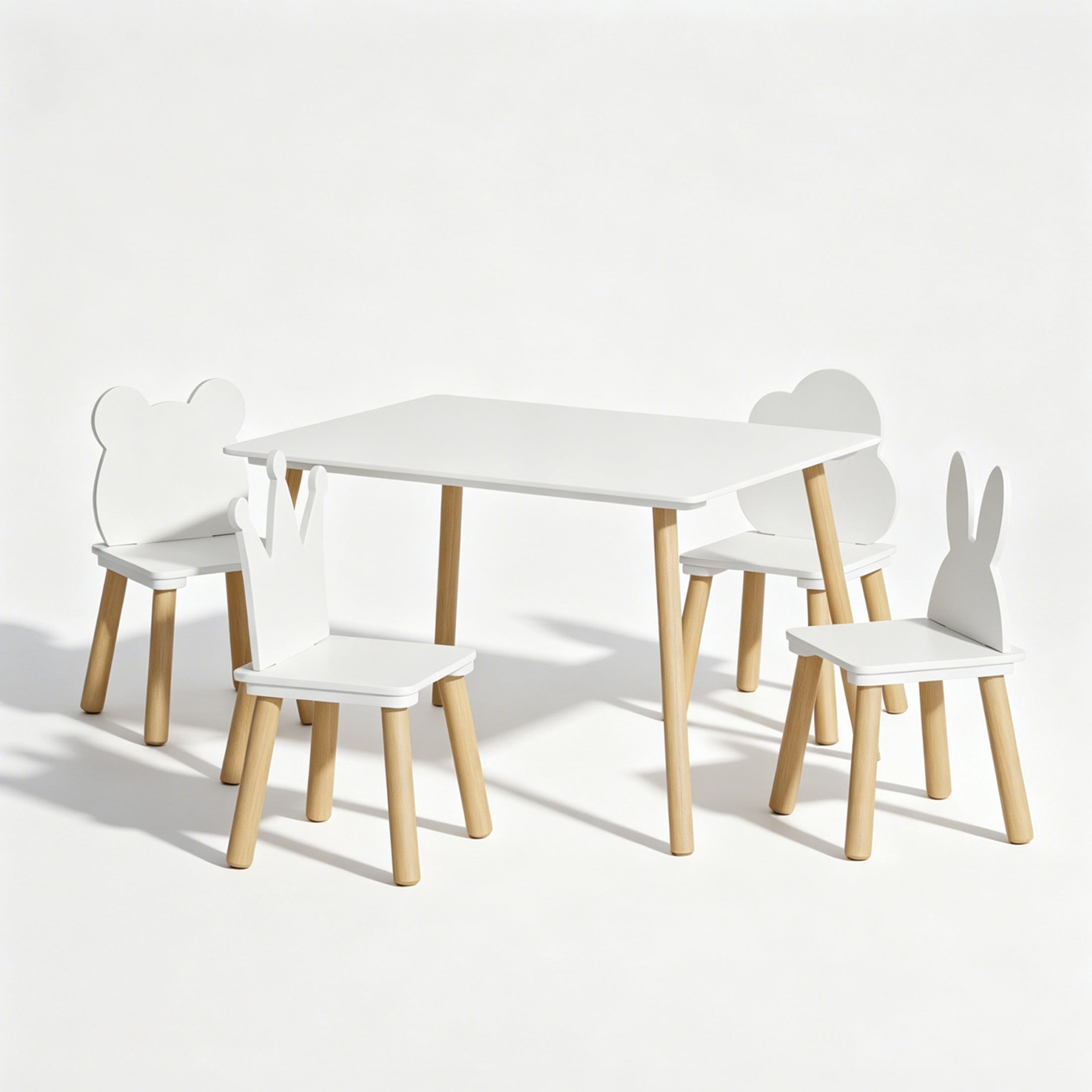 Noble House Kilby 5-Piece Kids Toddler Table & 4 Chairs Set, Animal Backrest Wooden Activity Play Set, White & Natural