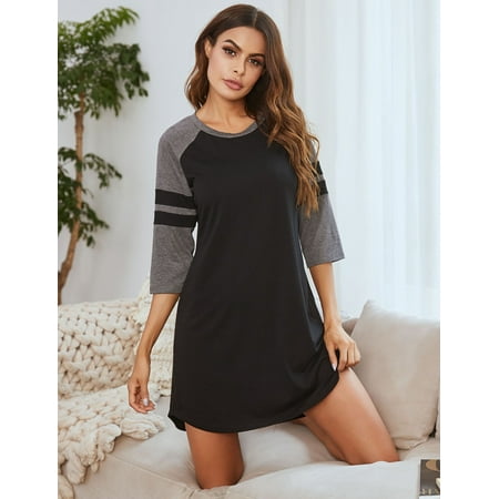 

women s dress stitching contrast color strip round neck home service pajamas black XXL
