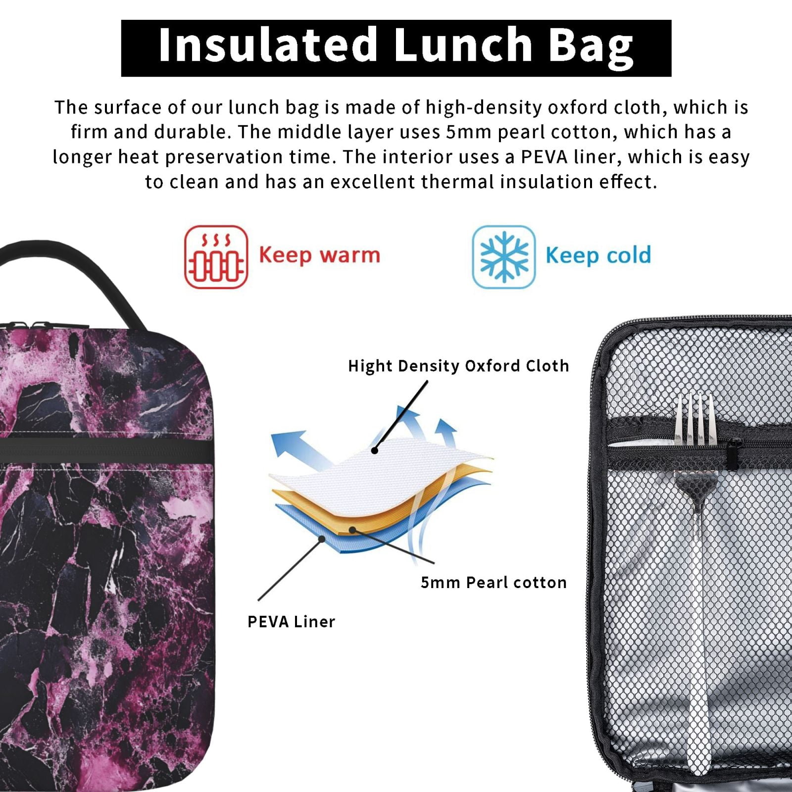 Lunch Bag For Women Men Insulated Portable Lunch Box Bento Box Office Picnic Travel Cooler Bag Darkmagenta Marble_2