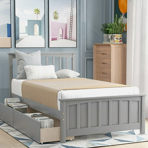 Topcobe Twin size Solid Wood Platform Bed with Two Drawers, No Box Spring Needed