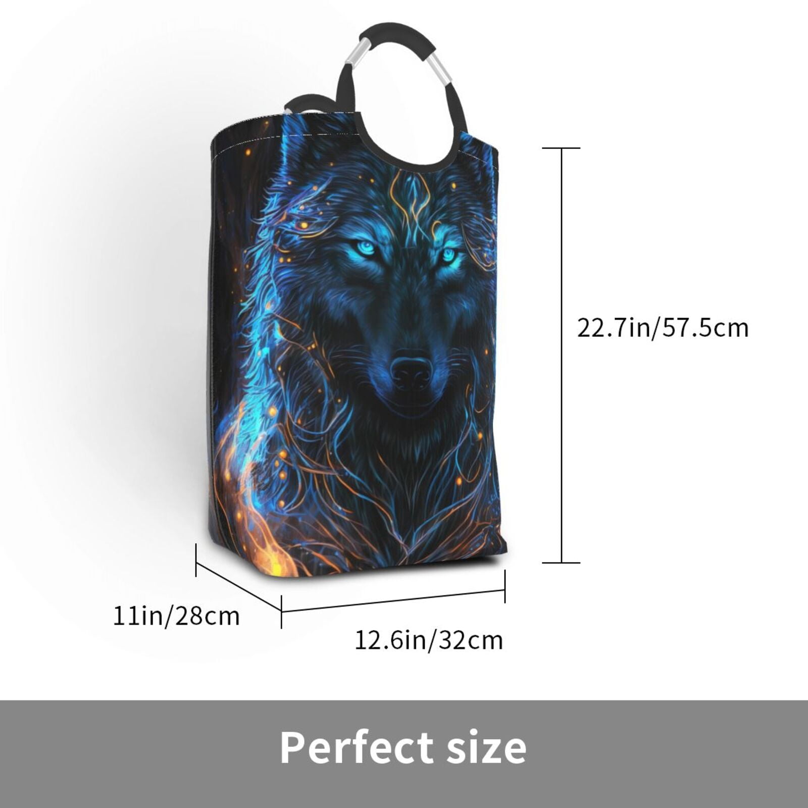 Xecao Cool Blue Light Wolf for Laundry Basket,Collapsible Large Laundry Hamper,Wash Bag for Laundry Room, Rolling Laundry Basket with Handles