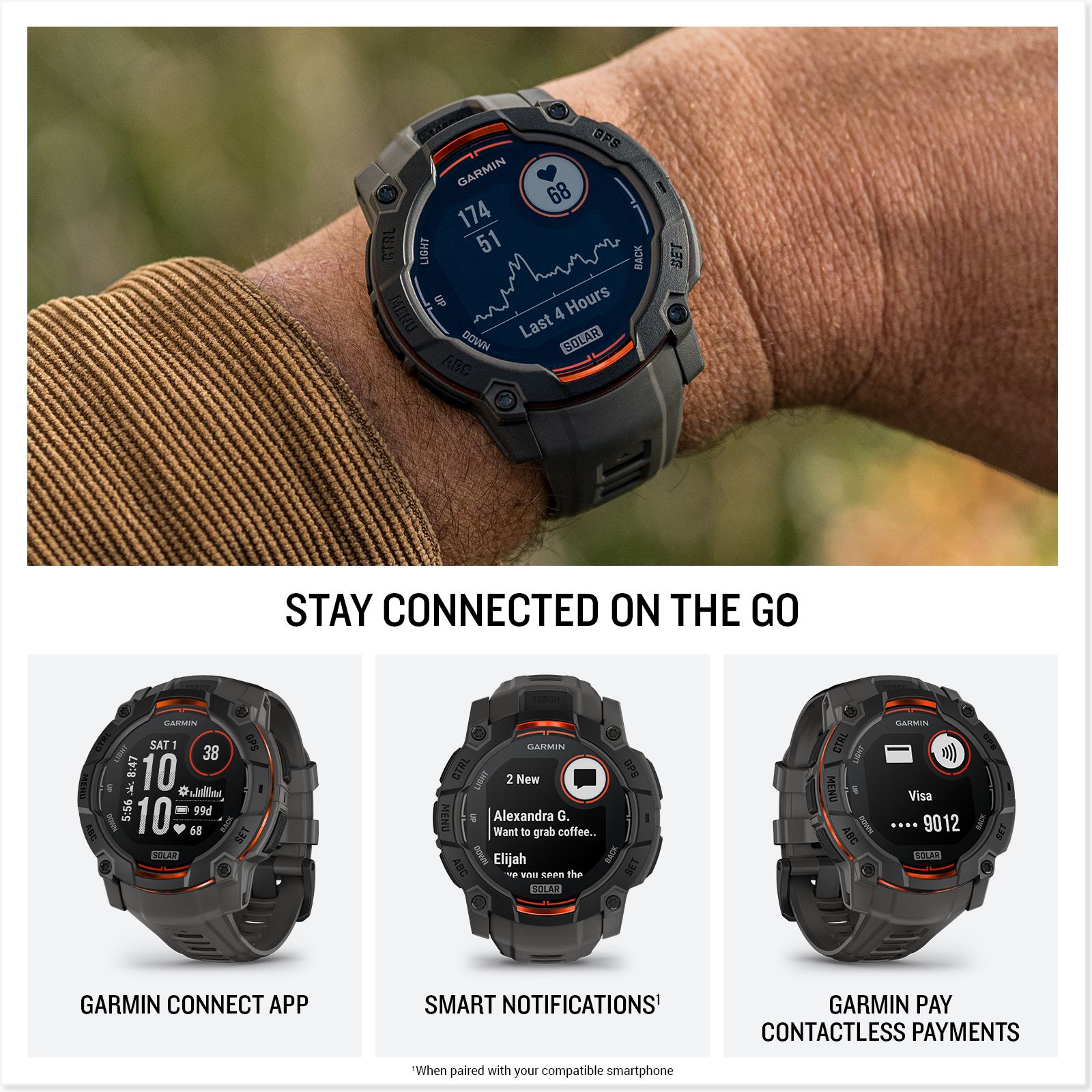 Garmin Instinct 3 45mm, Solar Charged Display, Rugged Outdoor GPS Smartwatch, Metal-Reinforced Bezel, Built-In Flashlight, Black