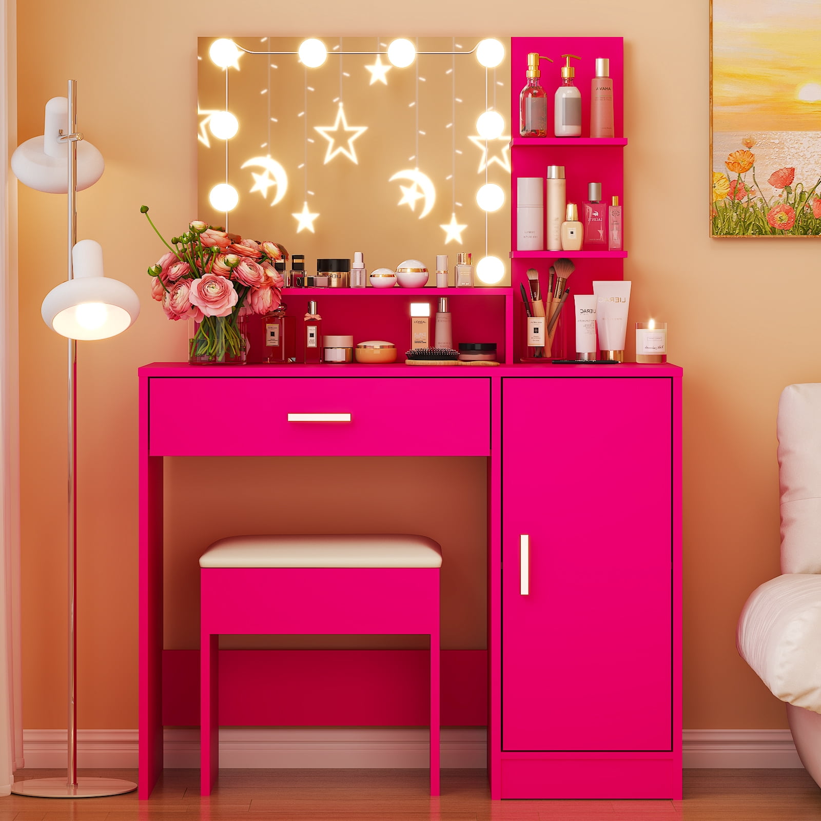 Ktaxon Vanity Set with 3 Color Lighted Mirror, Makeup Table with 3 Storage Shelves & Drawers, Dressing Table Makeup Desk with Stool,Hot Pink