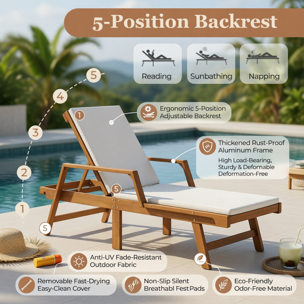 Hommoo Acacia Wood Patio Chaise Lounge Chair with Adjustable Backrest, Breathable Fabric Seat & Armrests, for Backyard, Poolside & Garden, White