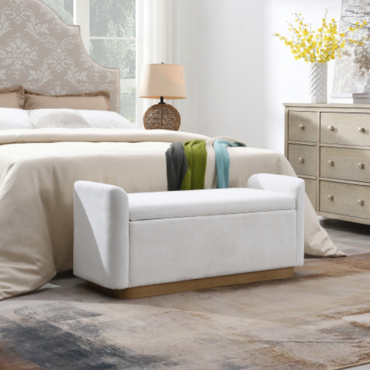 49" Storage Ottoman Bench with Safety Hinge, Upholstered Entryway Bench with Gold Metal Base, Bedroom Bench, Living Room Seating, Beige