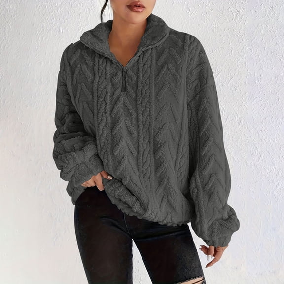 Titcea Quarter Zip Pullover for Women Double Sided Fleece Solid Color Pullover Sweaters Home Daily Winter Warm Comfy Sweatshirts S-2XL