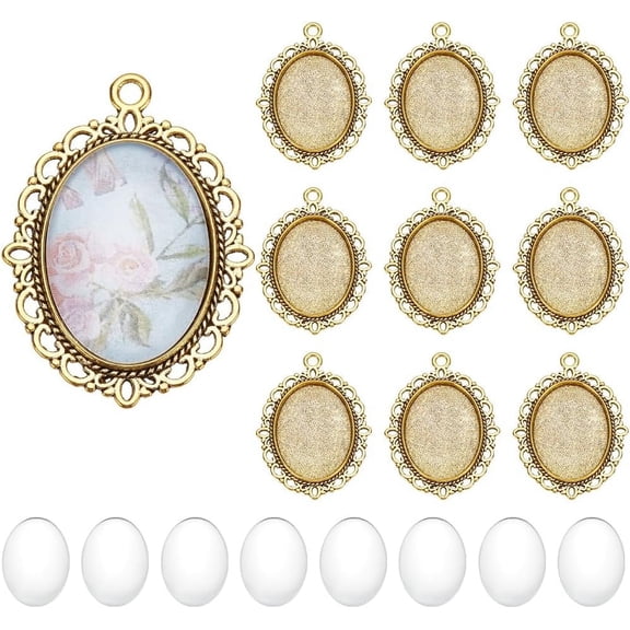 60pcs Gold Pendant Trays Kit 30pcs Oval Blank Bezel Pendant Trays Base 30pcs 25x18mm Glass Cabochon Dome Tiles for Bridal Wedding Bouquet Graduation Photo Charm Making DIY