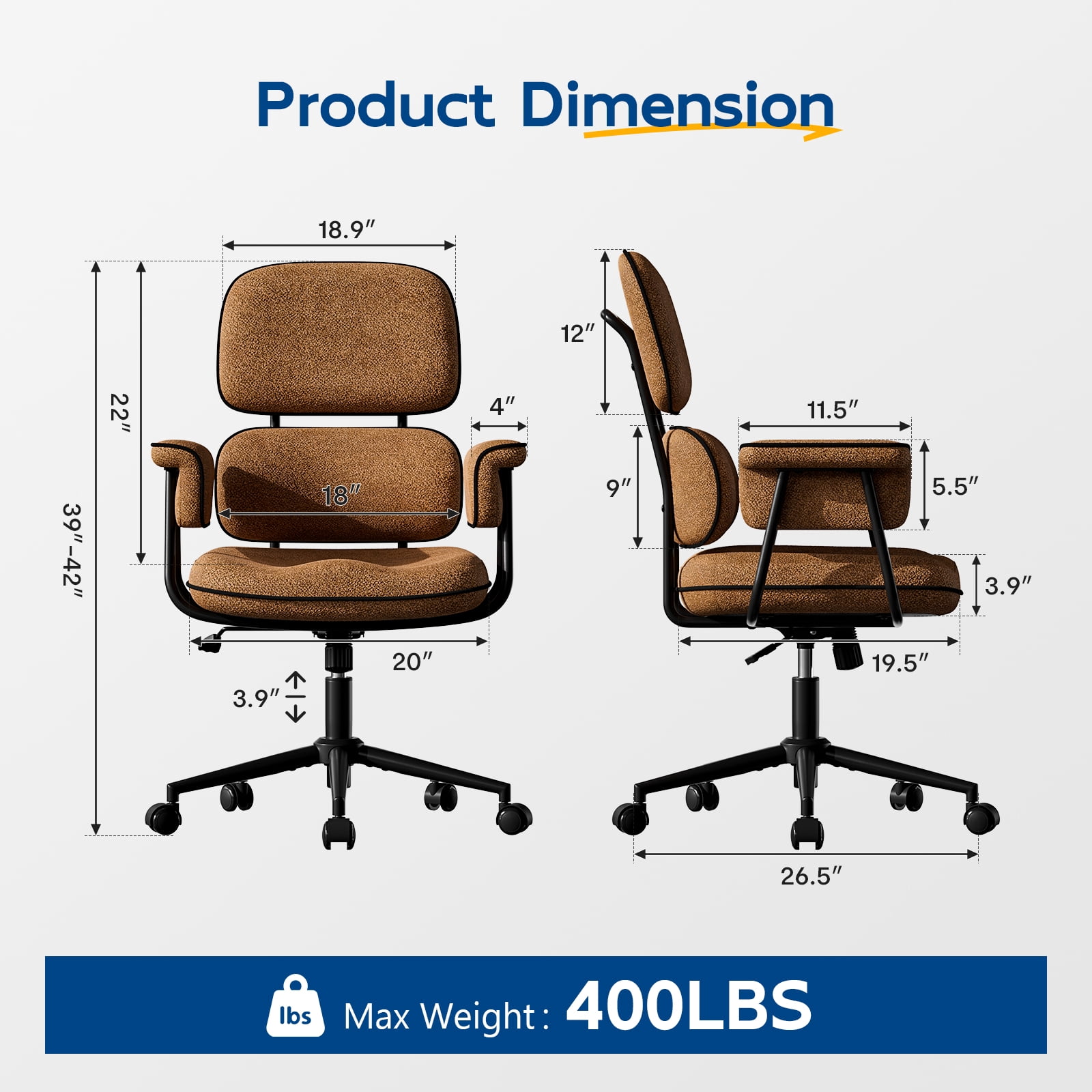 Genpo Desk Chair with Wheels and Arms, Brown Linen Fabric Executive Office Chair with Memory Foam Wide Seat, Padded Arms, Lumbar Support and Adjustable Height