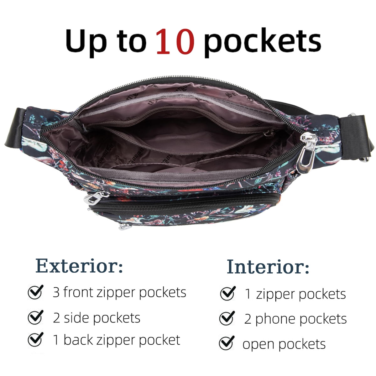 AOUNQ Crossbody Bag for Women Multi Pocket Shoulder Purse Bags Nylon Ladies Travel Handbag with Adjustable Straps