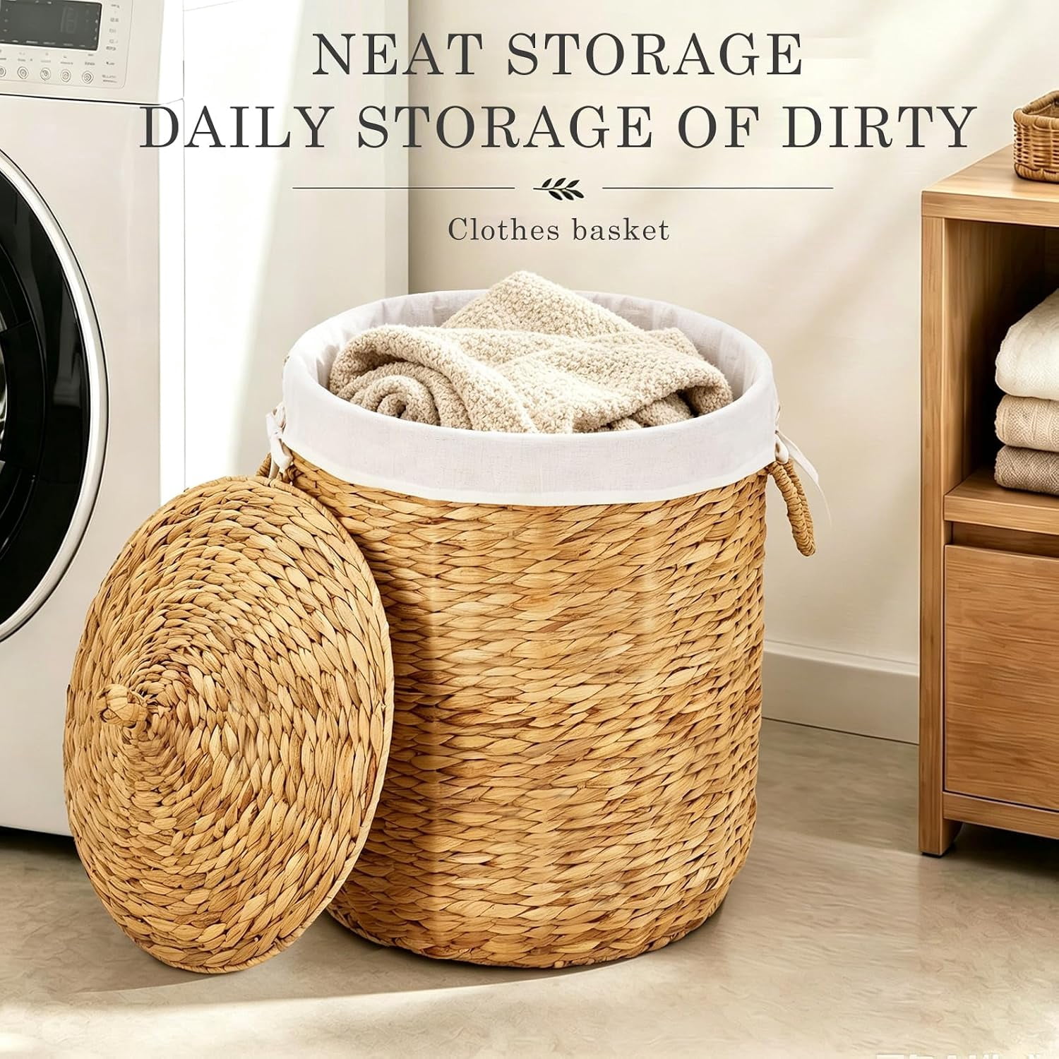 Round Laundry Hamper with Lid, Woven Natural Water Hyacinth, 17.52 in Diameter