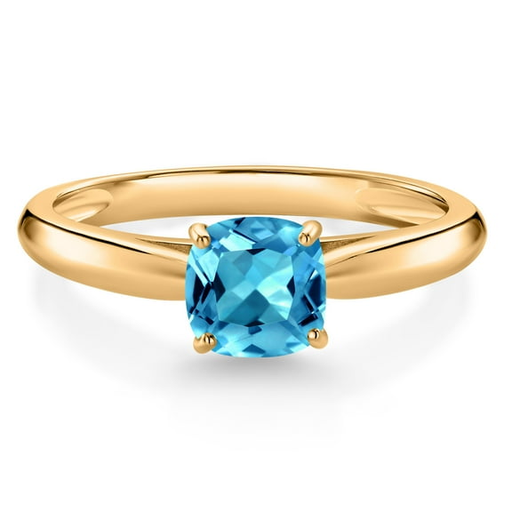 Gem Stone King 0.65 Ct Cushion Swiss Blue Topaz 10K Yellow Gold Engagement Ring (Size 7)
