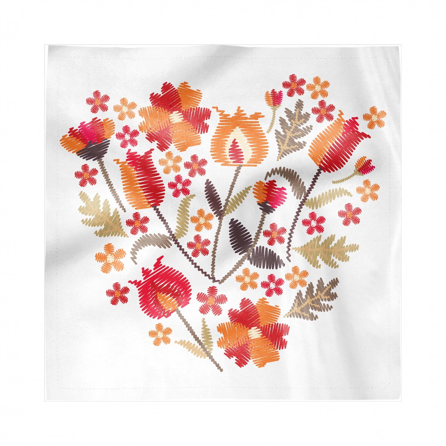 Russian Decorative Satin Napkins Set of 4, Folkloric Look Flowers Heart