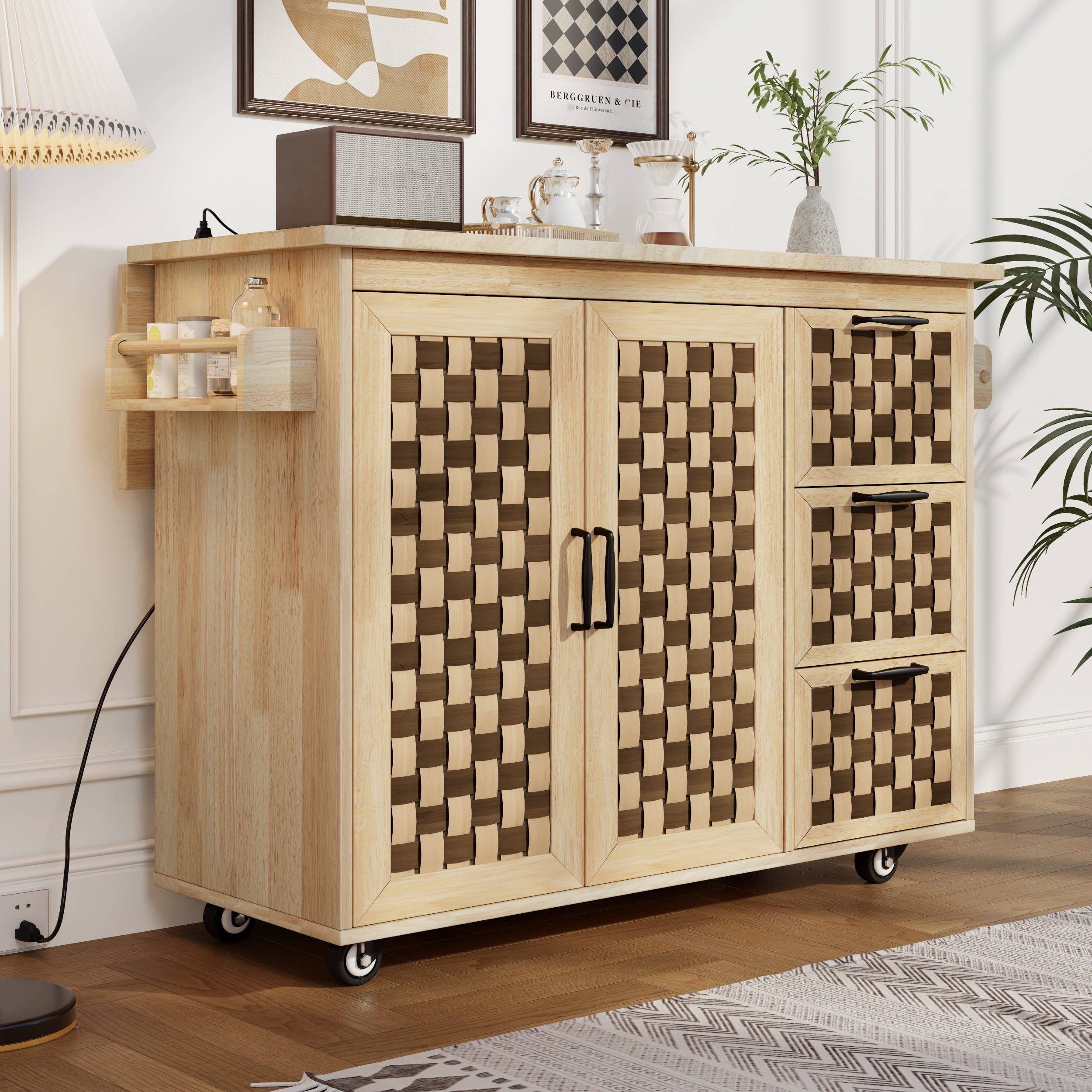 Euroco Vintage Style Kitchen Island with Drop Leaf, Storage Cabinets, Built-in Power Outlet – Mobile Kitchen Cart with Checkerboard Design, Drawers, Adjustable Shelves & Lockable Wheels – 53.2” Wide