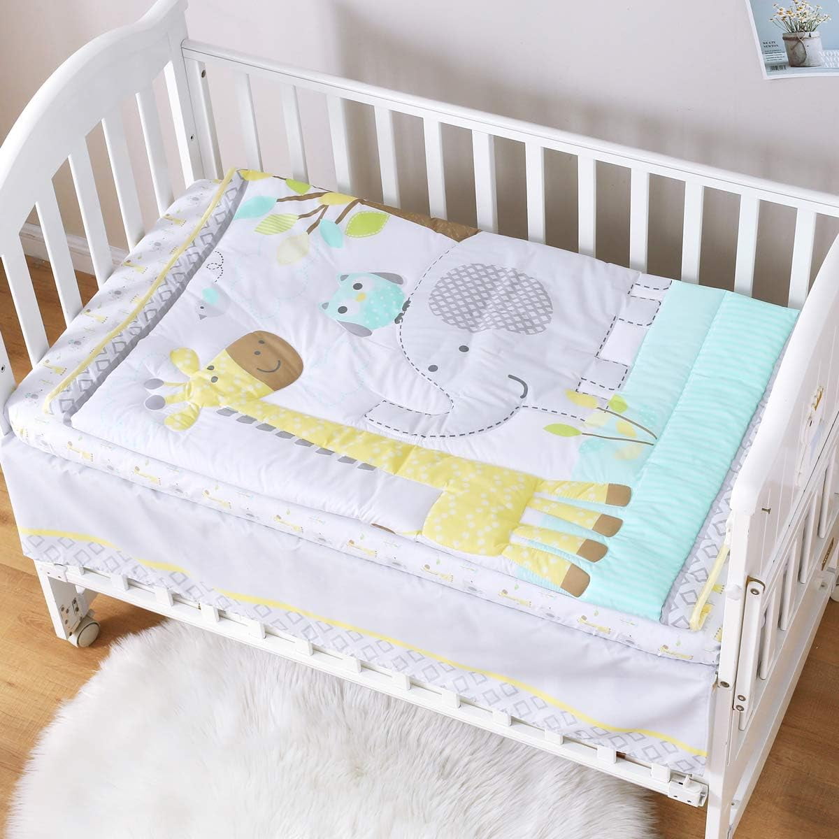Sweet Baba 3 Piece Organic Cotton Crib Bedding Set For Neutral Boy And Girl portable Standard Baby Bedding Set Woodland Deer Elephant Crib Set Yello