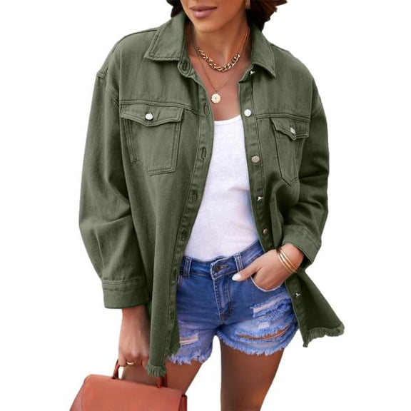 Eytino Women's Oversized Denim Jacket Casual Long Boyfriend Jean Jacket for Autumn Spring Green L Female