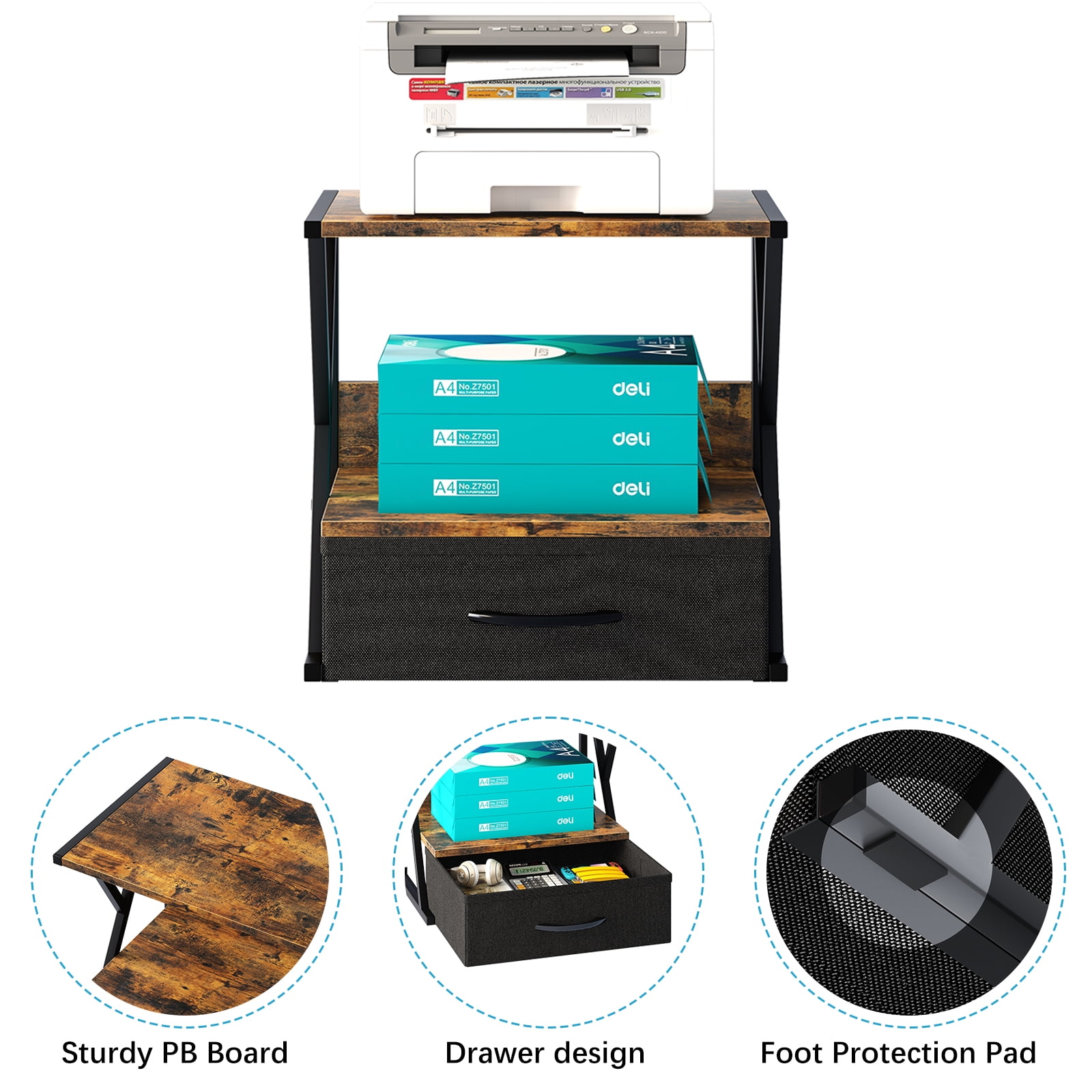 Printer Stand For Desk With Storage Drawer, 2 Tier Desktop Or Under Desk Shelf, Multi-Purpose Desk Organizer For Home Office, fit Fax Machine/3D Printer/Scanner, Rustic Brown
