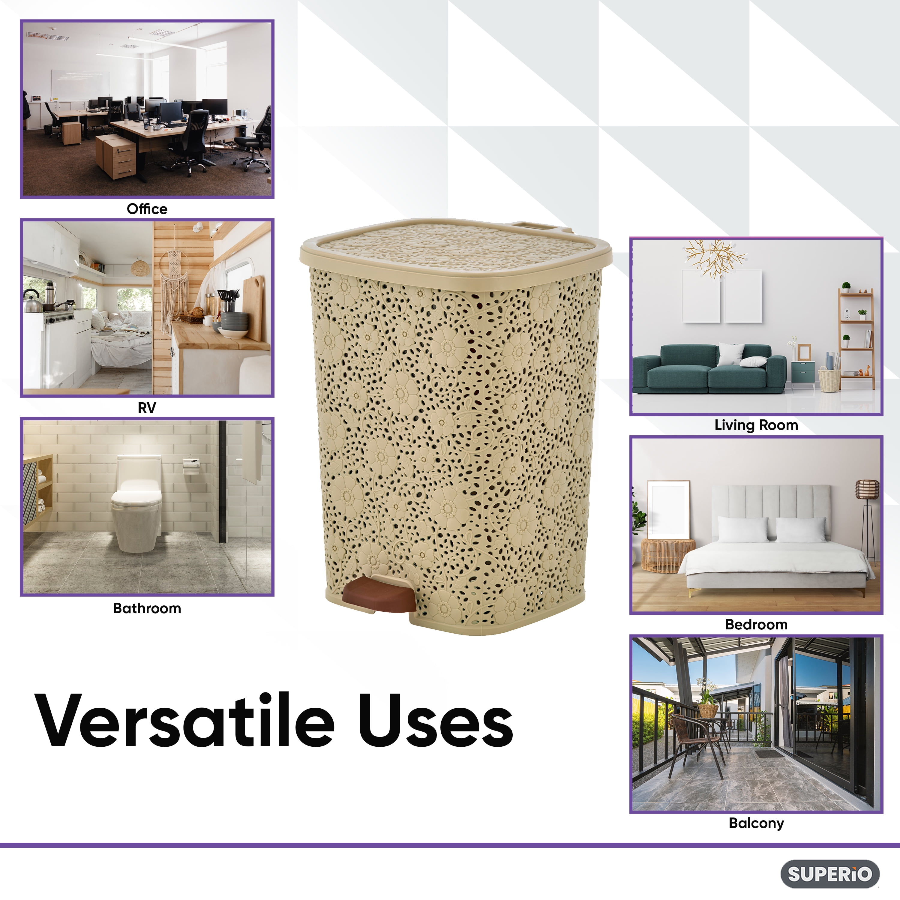 Superio Lace Style Step Trash Can 6 Quart, Beige Garbage Can, Keeps the Room Neat and Clean