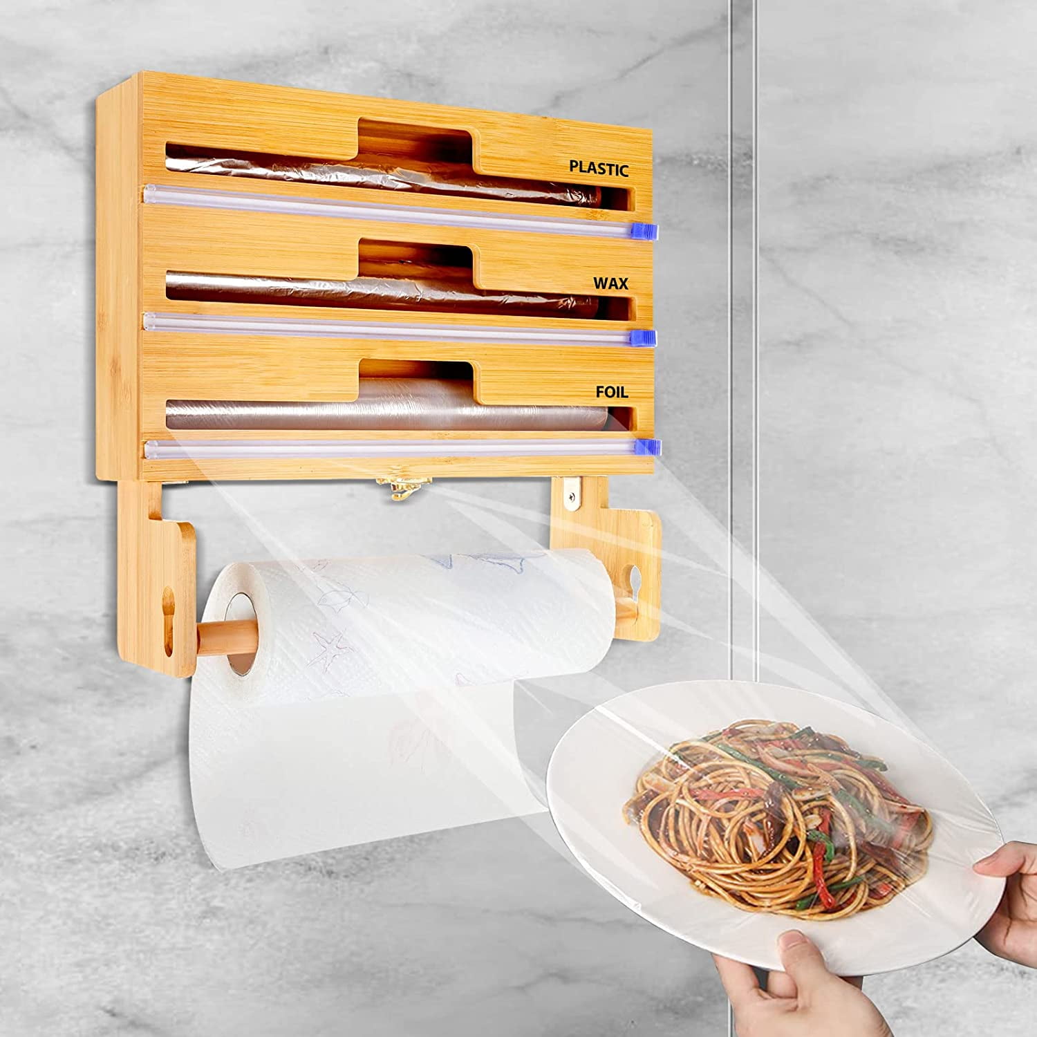 4 in 1 Wrap Dispenser with Cutter and Paper Towel,Aluminum Foil and Wax Paper Dispenser for