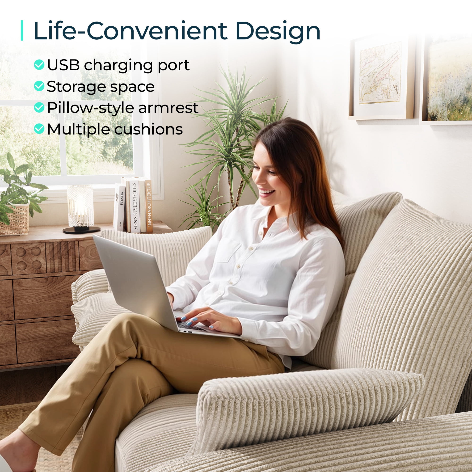 LINSY HOME Modular Sectional Sofa, Pull Out Couch Chaise Lounge, Convertible Loveseat Sofa Couch with Usb & Two Pillows, Beige