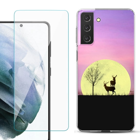 Slim-Fit TPU Fashion Phone Case for Samsung Galaxy S21 FE 5G Fan Edition, with Tempered Glass Screen Protector, by OneToughShield ® - Moonlight Deer