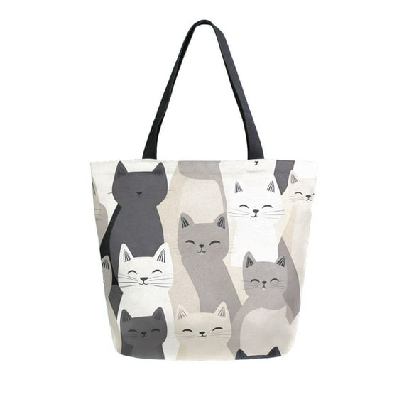 FORMRS Womens Canvas Tote Bag with Zipper Inner Pocket Shoulder Handbag, Beige Cute Cats