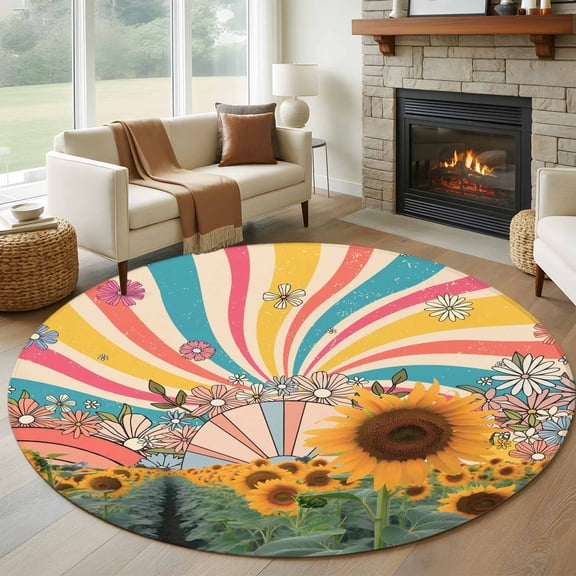 Sunflowers Round Area Rug 7Ft Washable Circle Rugs for Dorm Laundry Room, Summer Botanical Floral Leaf Colorful Stripes Non-Slip Carpet Floor Mats Indoor Outdoor Carpet Runner Aesthetic Home Decor