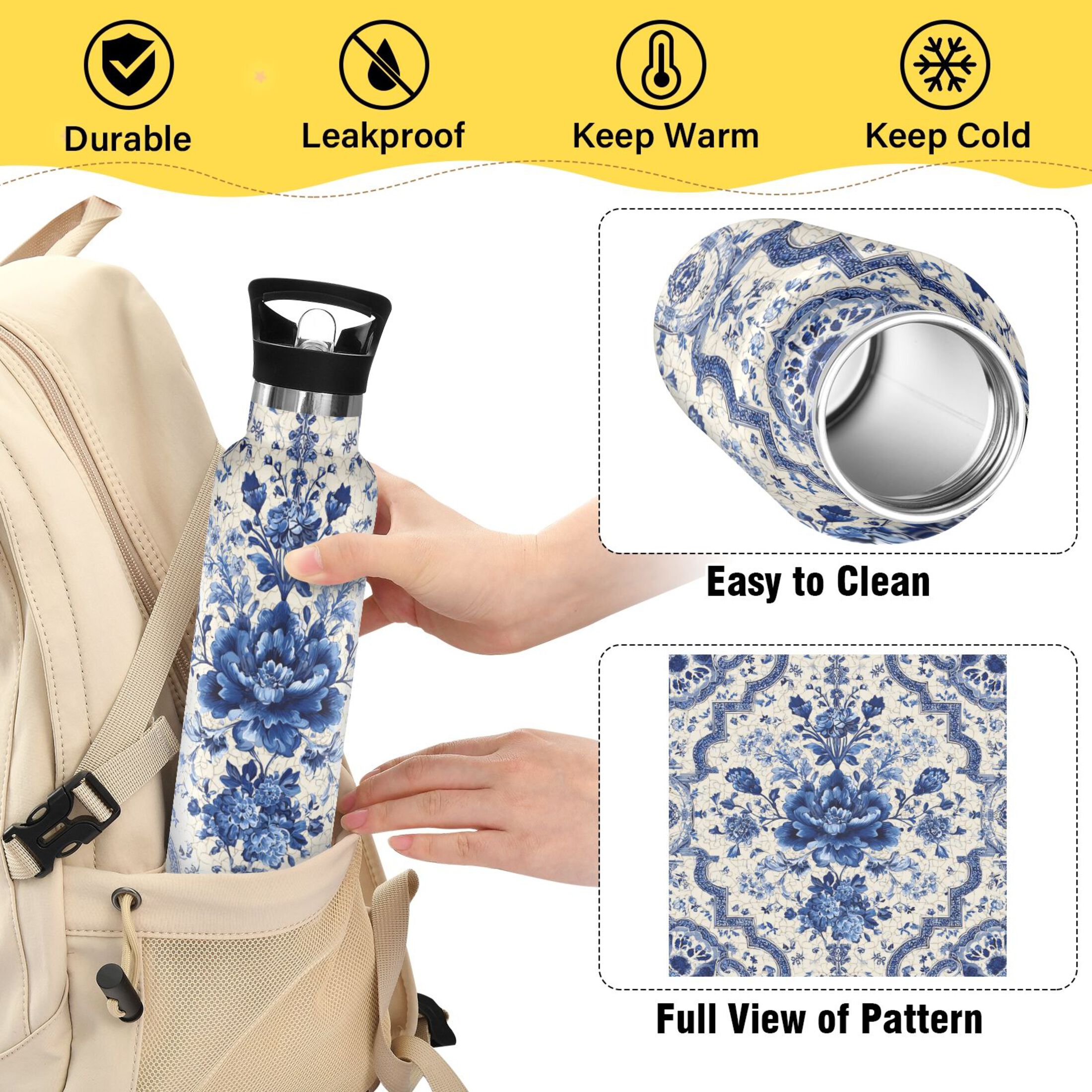 Kids Insulated Stainless Steel Sports Water Bottle 600ml (20oz) Blue and White Porcelain-style