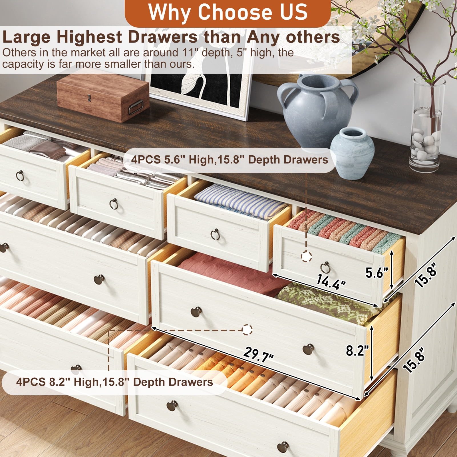 ChVans 65 inch Large Long Drawer Dresser,8 Drawer Dresser for Bedroom,Modern Farmhouse Wood Wide Chest of Drawers,Storage Dressers for Bedroom,Living Room & Hallway