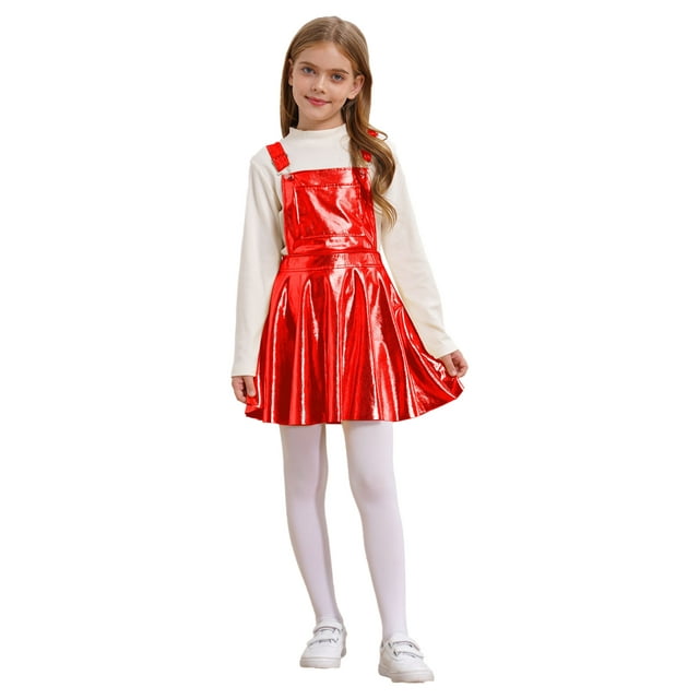 iefiel Jupe à Bretelles Métallique pour Filles Enfants Holographique à Bretelles Ajustables Robe Salopette Jupe Patineuse Ligne A Rouge 14