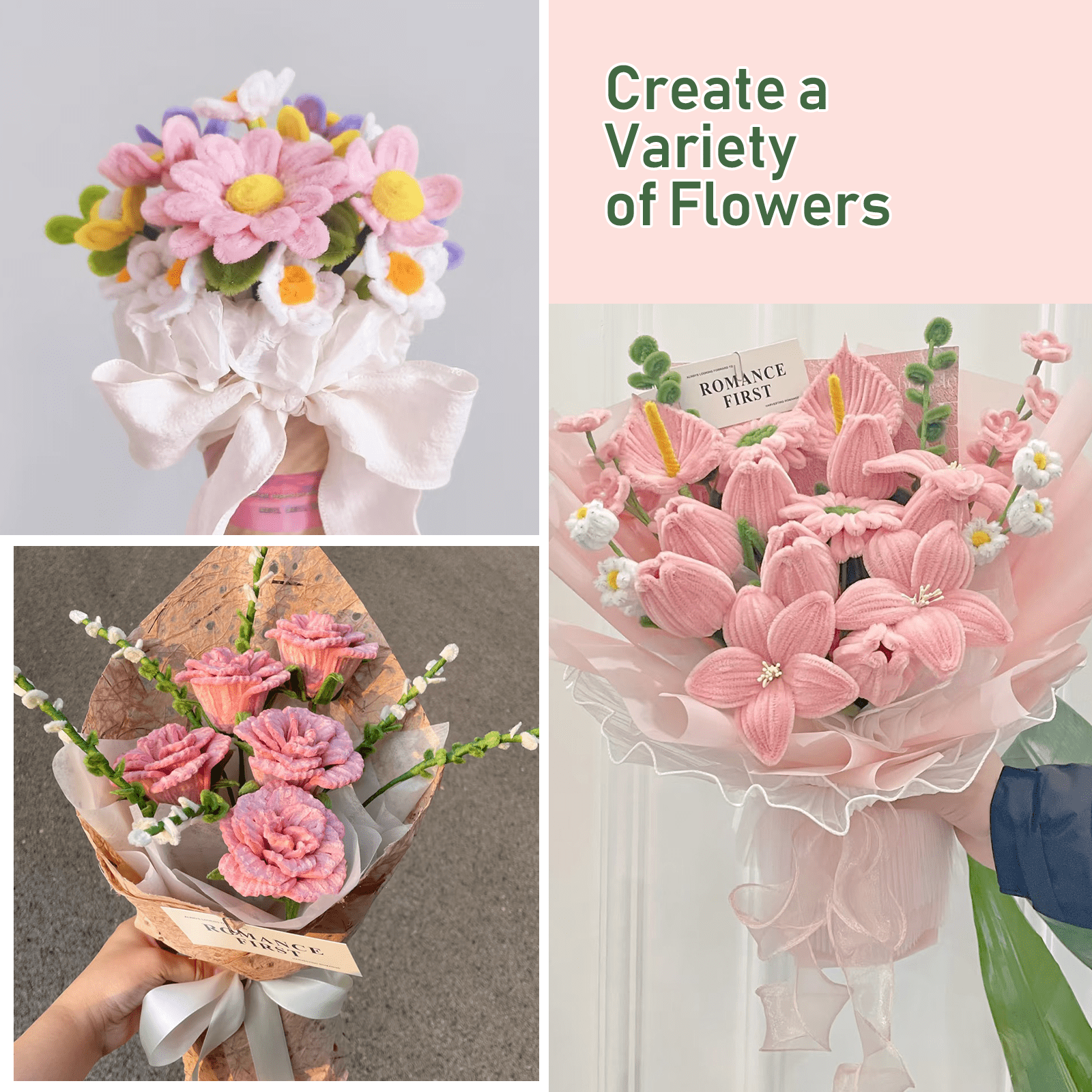 MQUPIN 350 piece pipe cleaner set, 4 colors, with decorative beads, flower bands, flower lines, and manual - DIY Lily of the Valley Rose Tulip Daisy (pink)