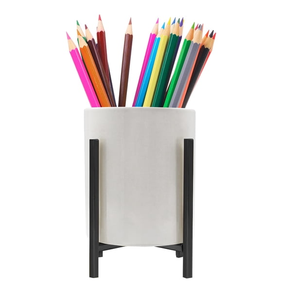 SIEBOLD Lindo portavasos de cerámica para bolígrafos y lápices para portaescobillas de escritorio, soporte organizador de accesorios de escritorio con soporte de metal resistente (4,6 a 3,14 pulgadas)