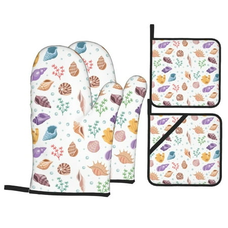 

Oven Mitts and Pot Holders Sets 4 pcs Sea Grass Conch Non-Slip Oven Gloves Potholders Soft Quilted Lining Heat Resistant Gloves Hot Pads for Kitchen Cooking Baking