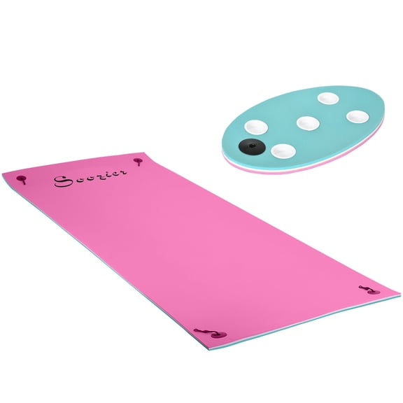 12.5'x5' Pink Lily Pad Floating Mat for Pool & Lake, 3-Layer Portable Water Mat Float with Drink Holders