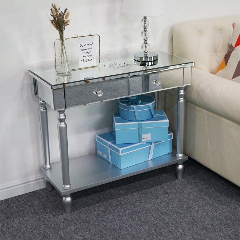 Lowestbest 2 Drawers Mirror Table Dressing Table Console Table, Console Table with Drawer Bottom Shelf & Large Tabletop, White Lowestbest 2 Drawers Mirror Table Dressing Table Console Table, Console Table with Drawer Bottom Shelf & Large Tabletop, White
