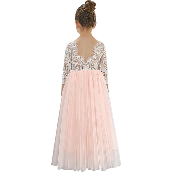 2Bunnies Girls' 12M-12yr Peony Lace Straight Long Sleeve Maxi Flower Girl Dress