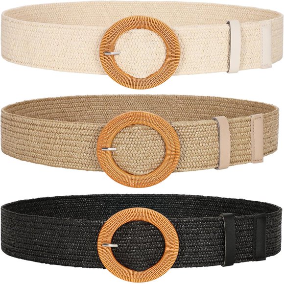 EIGTHTAIL Lot de 3 Ceintures Élastiques Tissées en Paille pour Femmes Larges Extensibles en Raphia Ceinture de Taille pour Robe d'Été