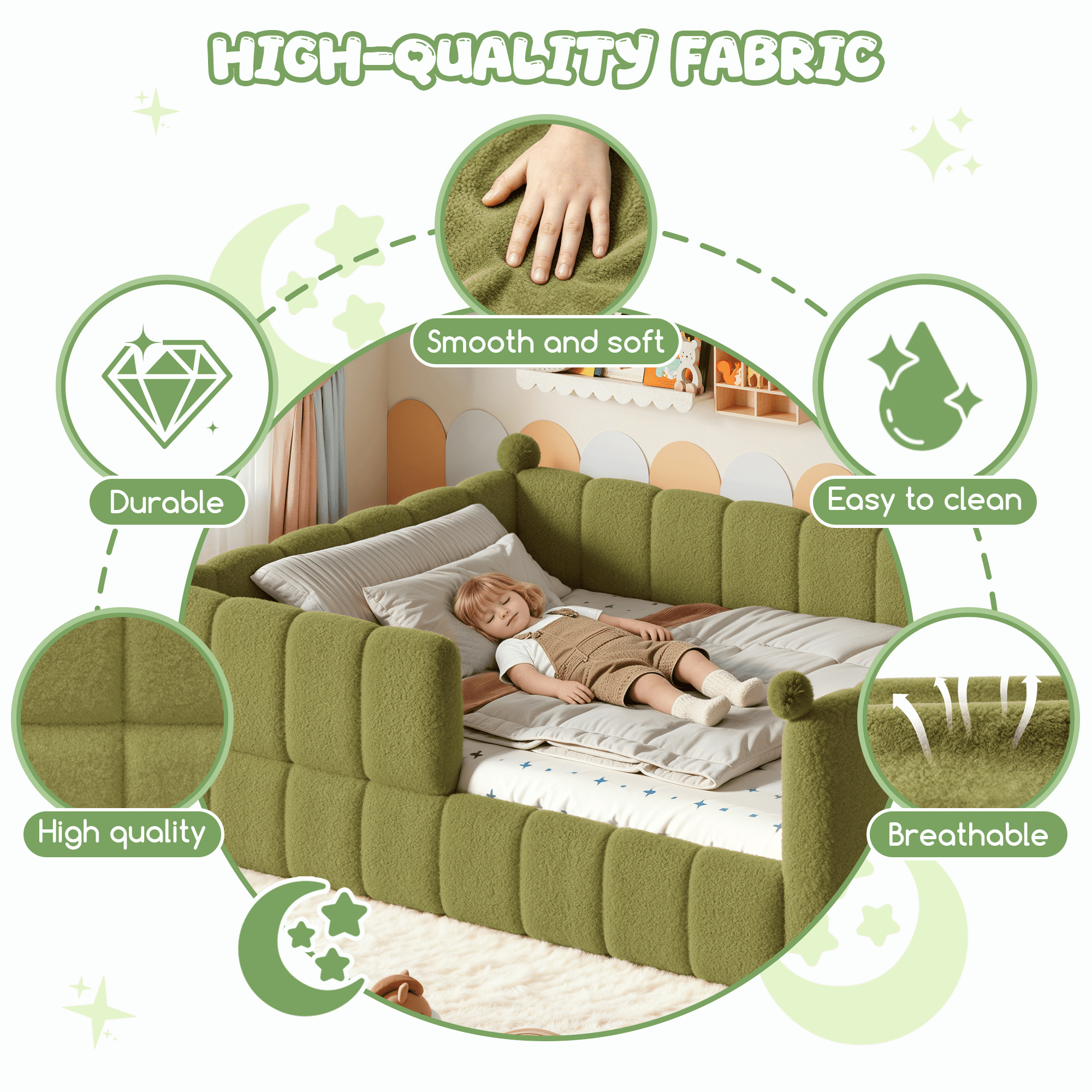 Howcool Montessori Upholstered Floor Bed,Queen Size Low Toddler Bed with Full Surround Safety Rails, Green