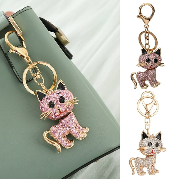 Eosunjian Cartoon Cat Pendant Keychain Sparkling Colorful Rhinestones Inlaid Car Keyring Backpack Bag Charm Keychain White