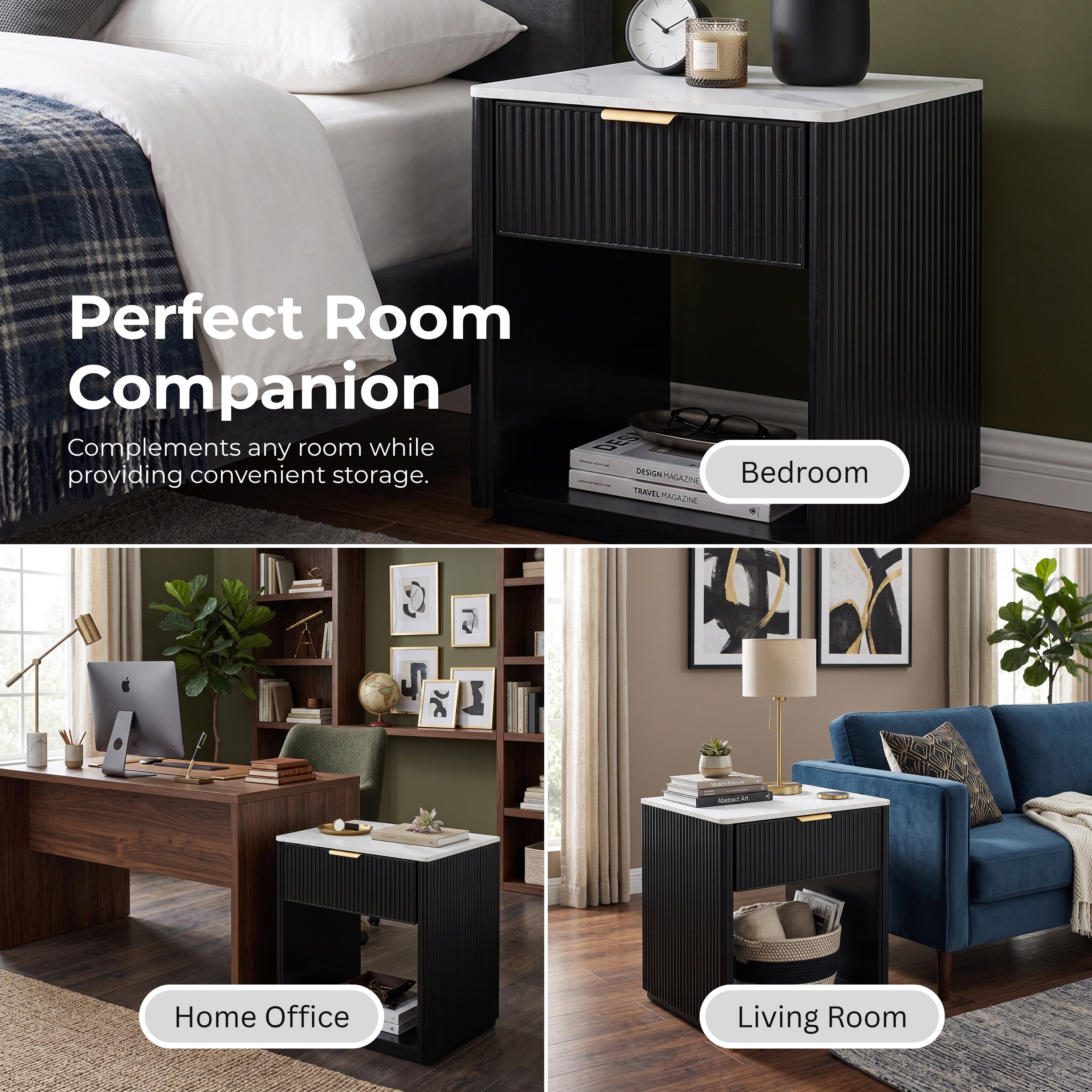 Furniture of America Elarin Modern Wood 1-Drawer Nightstand with Open Bottom Shelf, Black
