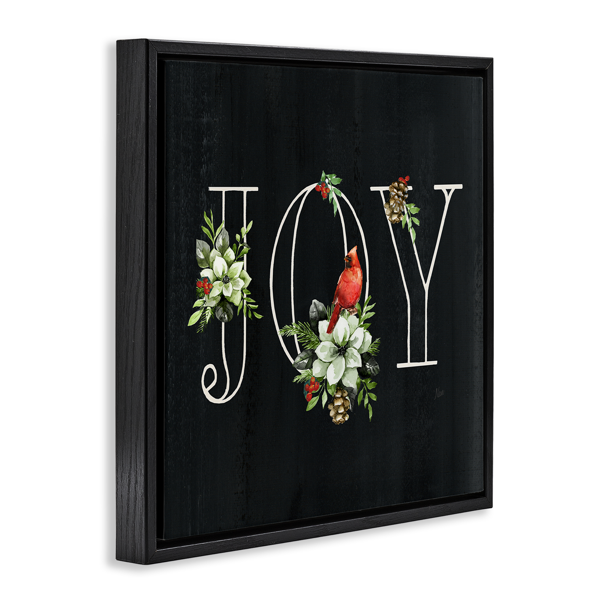 Stupell Industries Joy Letters with Florals Holiday Painting Black Floater Framed Canvas Art Prints Wall Art, 18 x 18