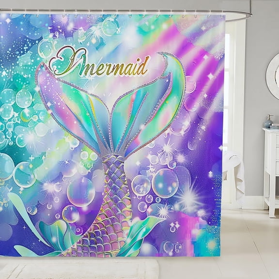 Mermaid Fabric Shower Curtain Teal Blue Purple Mermaid Tail Shower Curtain Kids Women Girls Sea Animal Bathroom Waterproof Accessories with 12 Hooks Mermaid Fish Scale Curtains,72x72 Inches