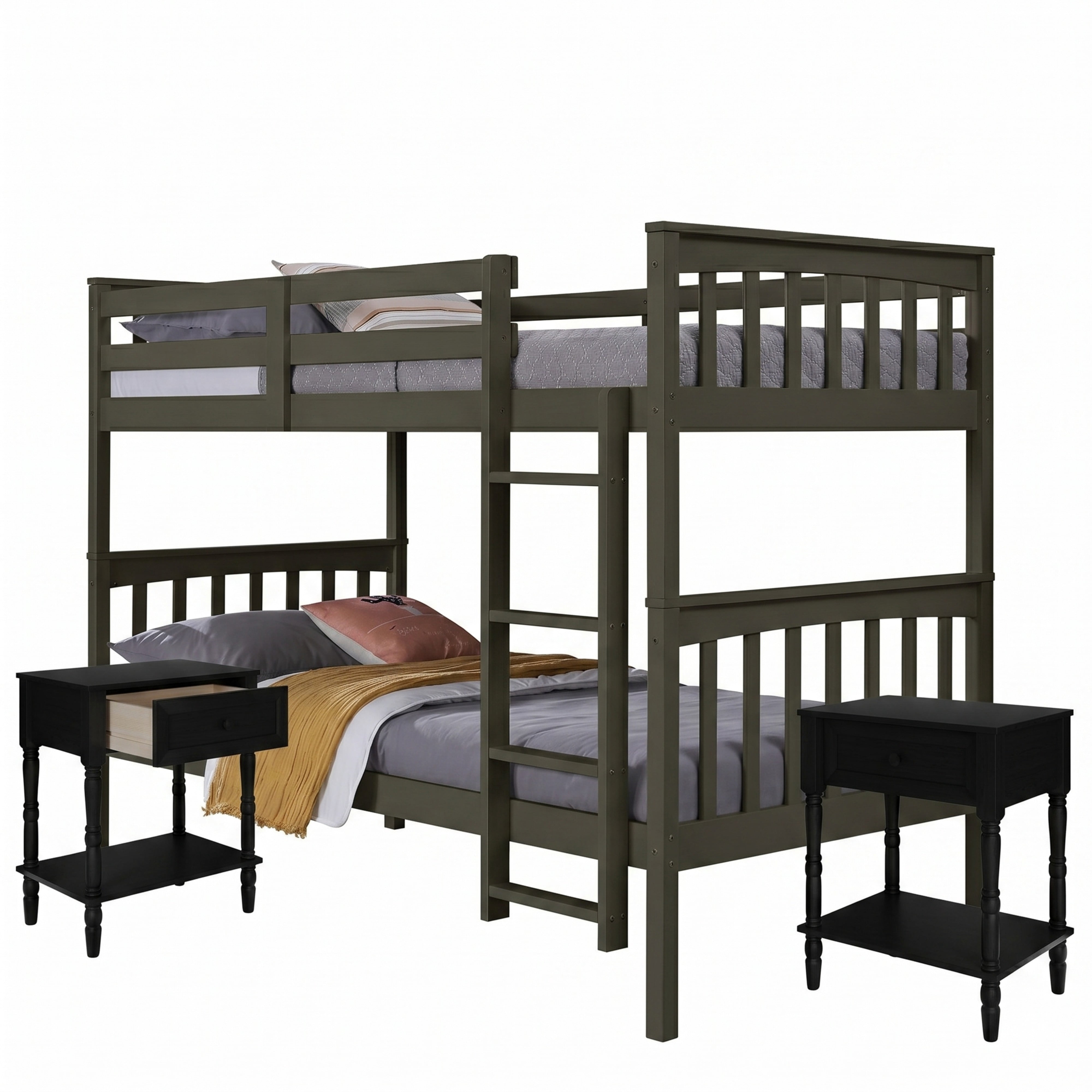 Home Design Ames Twin Over Twin Solid Wood Bunk Bed with 2 Ruston Nightstand – 3-Piece Space-Saving Bedroom Set, Gray/ Black
