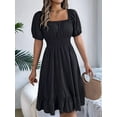 thumbnail image 4 of Women'S Boho Summer Square Neck Puff Sleeve Off Shoulder Smocked Tiered Casual A Line Short Mini Dress Black S, 4 of 8