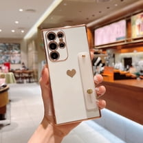 Electroplated Case for Samsung Galaxy S23 Ultra, Cute Heart Love Pattern Slim Soft Silicone Shockproof Cover with Wristband Kickstand Lens Protection Phone Case for Samsung S23 Ultra,White