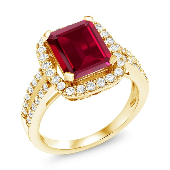Gem Stone King 4.38 Cttw Red Created Ruby and White Created Sapphire 18K Yellow Gold Plated Silver Ring for Women | Wedding Engagement Anniversary Promise Ring for Women | Size 9